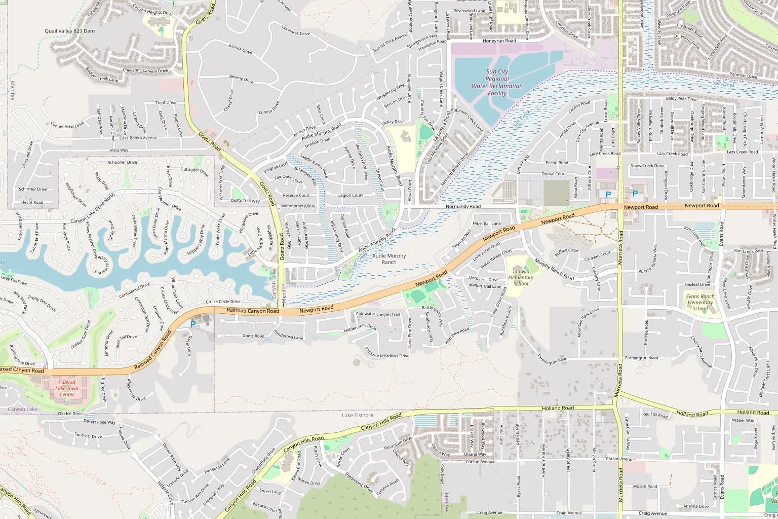 Street map of the Audie Murphy Ranch area of Menifee