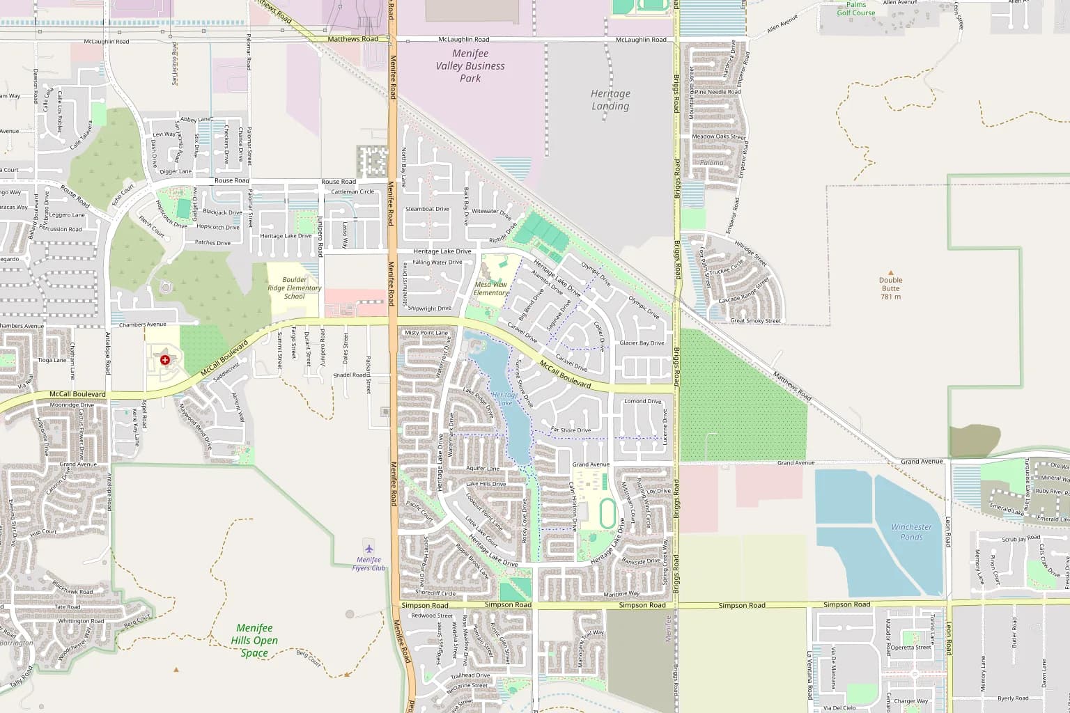 Street map of Heritage Lake in Menifee, around the lake and Heritage Lake Drive