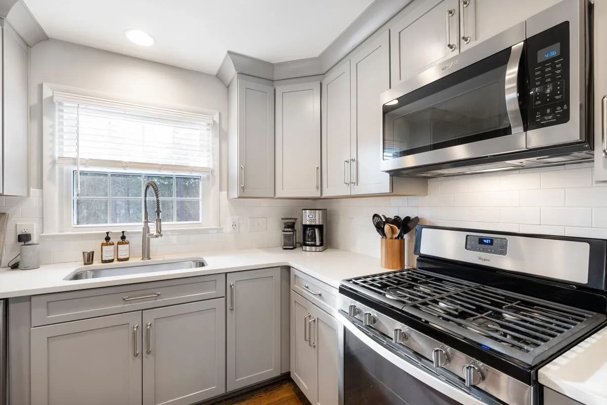 Over-the-range microwave above a stainless steel range