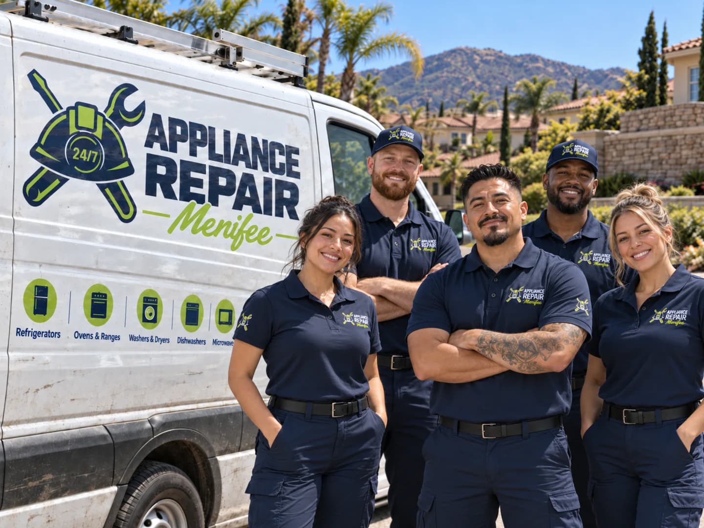 Technicians in Appliance Repair Menifee uniforms beside a branded service van